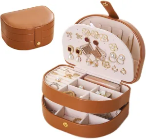 Brown Jewelry Box for Women & Girls - 3 Layer Portable Travel Jewelry Organizer(Holds 50  Pieces), PU Leather Waterproof, Large Capacity Organizer, Travel Accessories for Jewelry