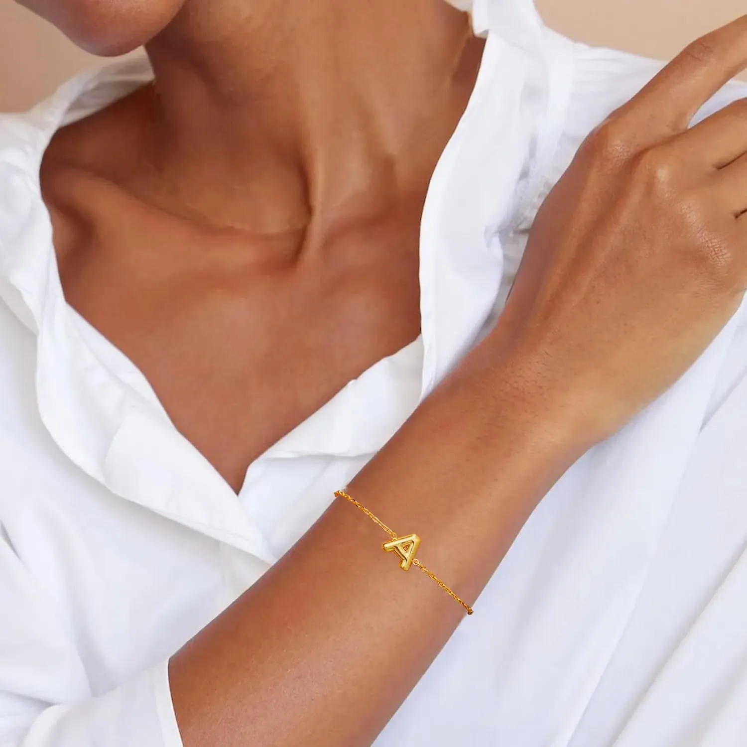 Bubble Initial Letter Necklace Gold for Women Cute Balloon Letter A-Z Name Bracelet 18K Gold Plated Dainty Gold Initial Charm Link Bracelet Jewelry Gift For Women