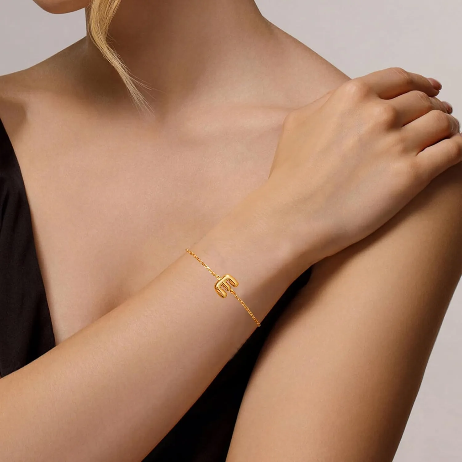 Bubble Initial Letter Necklace Gold for Women Cute Balloon Letter A-Z Name Bracelet 18K Gold Plated Dainty Gold Initial Charm Link Bracelet Jewelry Gift For Women