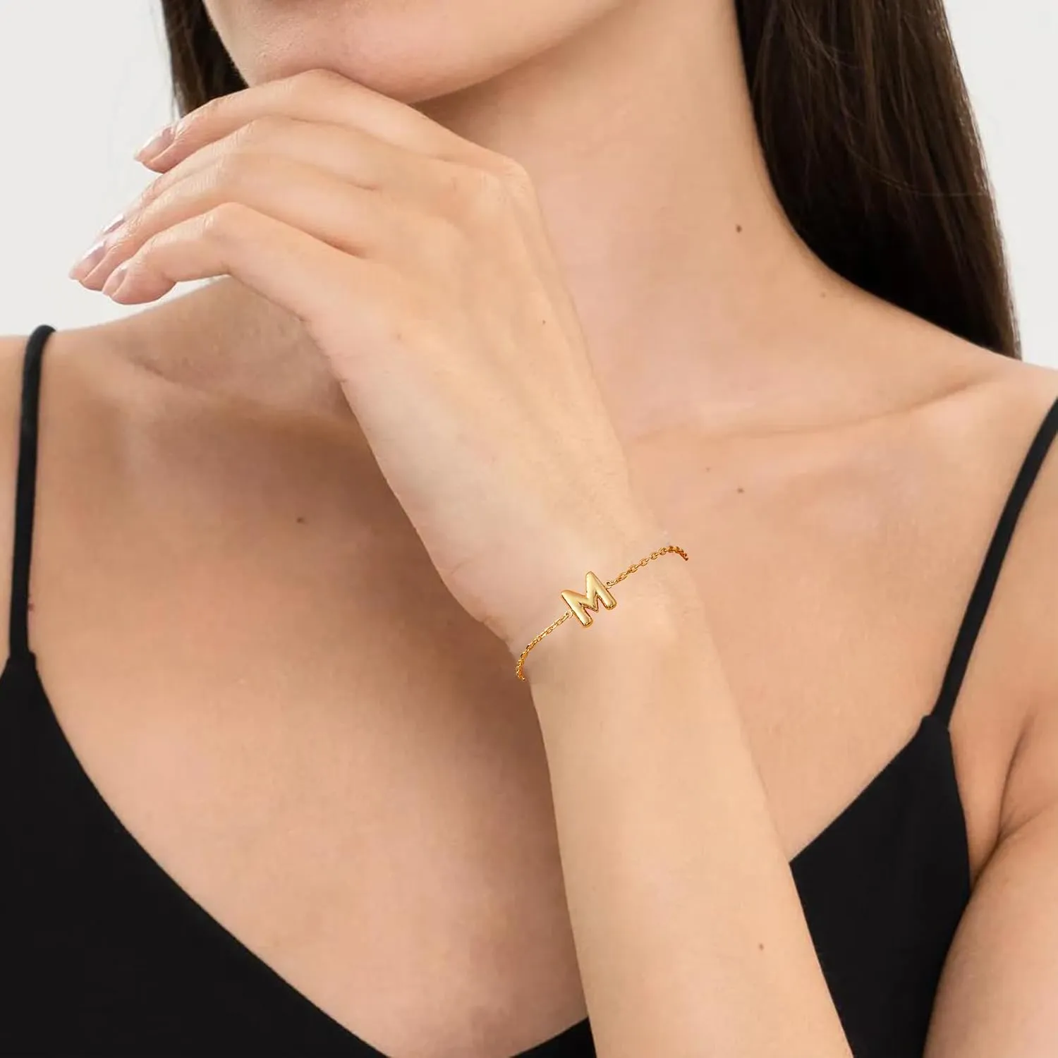 Bubble Initial Letter Necklace Gold for Women Cute Balloon Letter A-Z Name Bracelet 18K Gold Plated Dainty Gold Initial Charm Link Bracelet Jewelry Gift For Women