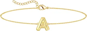 Bubble Initial Letter Necklace Gold for Women Cute Balloon Letter A-Z Name Bracelet 18K Gold Plated Dainty Gold Initial Charm Link Bracelet Jewelry Gift For Women
