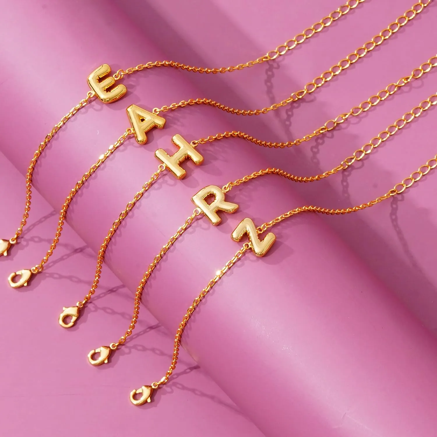Bubble Initial Letter Necklace Gold for Women Cute Balloon Letter A-Z Name Bracelet 18K Gold Plated Dainty Gold Initial Charm Link Bracelet Jewelry Gift For Women