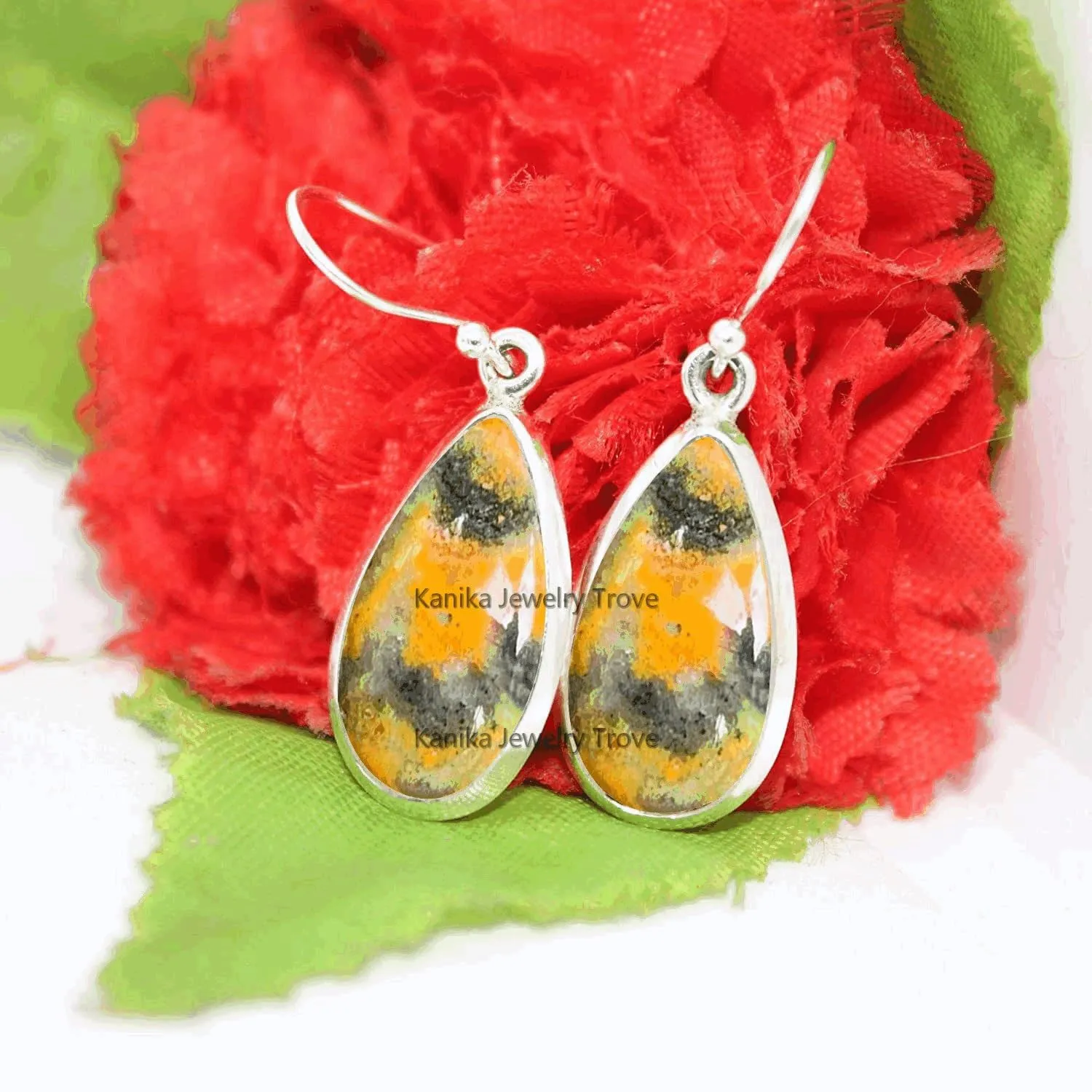 Bumblebee Jasper 925 Sterling Silver Teardrop Earrings Gift for Women & Girl