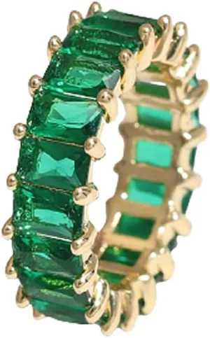 Caiyao Green Emerald Eternity Paved Square Cubic Zirconia Promise Wedding Band Rings Gold Plated Baguette Jewelry Rectangle Emerald-Cut CZ Ring for Women Girls