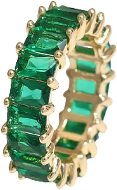 Caiyao Green Emerald Eternity Paved Square Cubic Zirconia Promise Wedding Band Rings Gold Plated Baguette Jewelry Rectangle Emerald-Cut CZ Ring for Women Girls