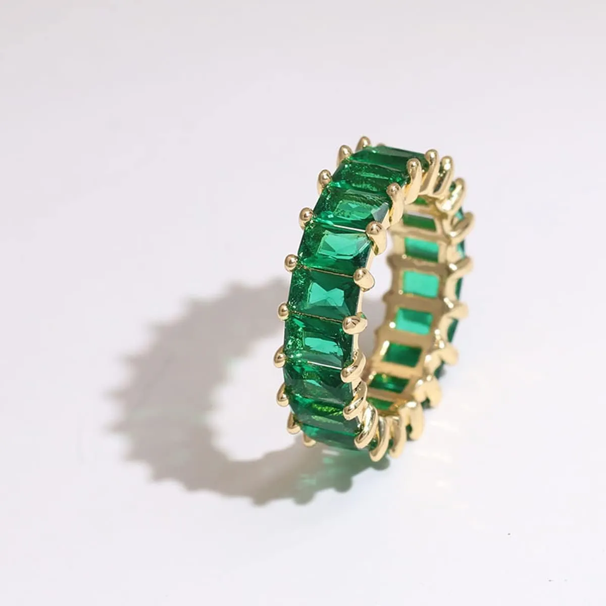 Caiyao Green Emerald Eternity Paved Square Cubic Zirconia Promise Wedding Band Rings Gold Plated Baguette Jewelry Rectangle Emerald-Cut CZ Ring for Women Girls
