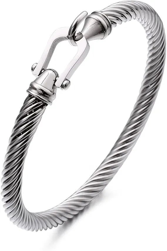 Caiyao Stainless Steel Cable Bracelet for Women and Men Cuff Twisted Wire Minimalist Bangle Bracelets Jewelry with Hook Clasp