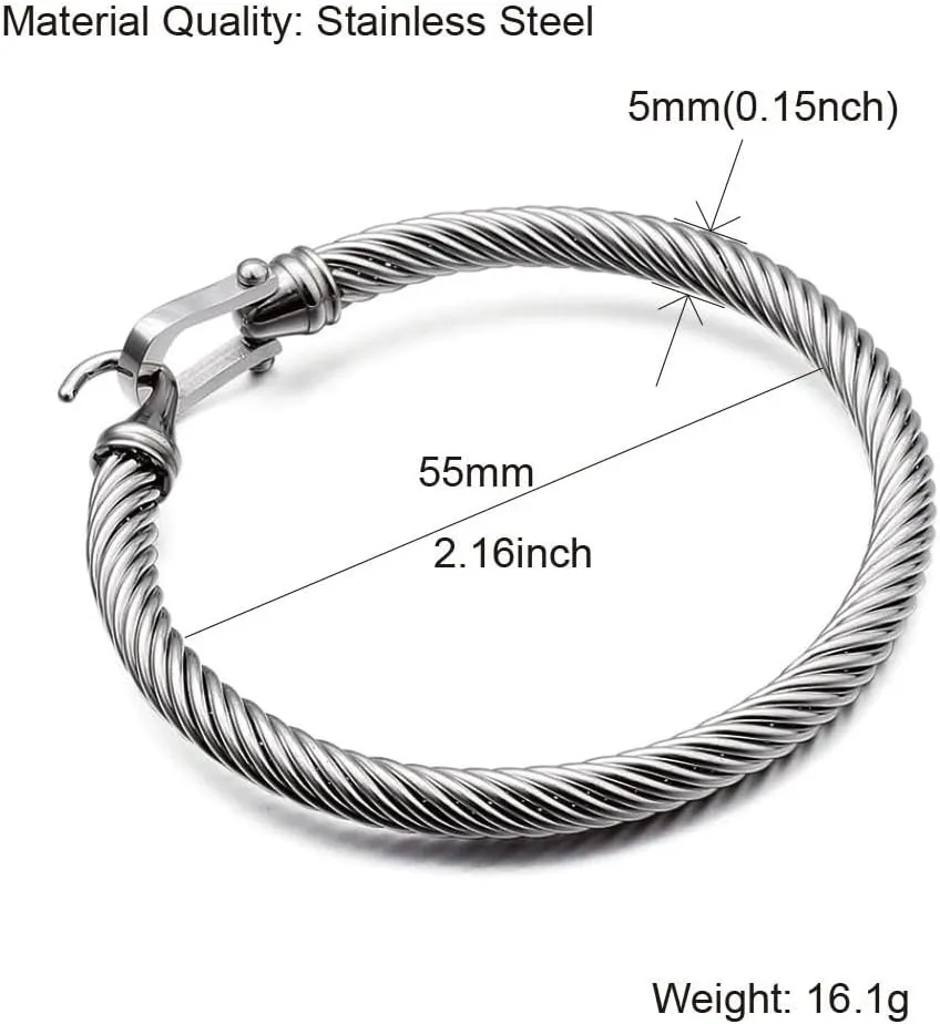 Caiyao Stainless Steel Cable Bracelet for Women and Men Cuff Twisted Wire Minimalist Bangle Bracelets Jewelry with Hook Clasp