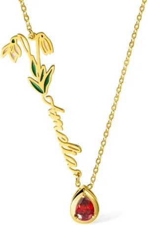 callie Birthstone Name Necklace, Custom Sideways 18K Gold Plated Name Necklace, Customized Birth Flower Necklace Gifts for Women