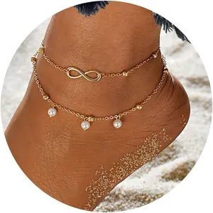 CAROVO Minimalist Layered Infinity Ankle Bracelets for Women 14K Gold filled Dainty Pearl Anklet Beaded Ankle Bracelet Cute Gold Beach Foot Chain Jewelry for Women