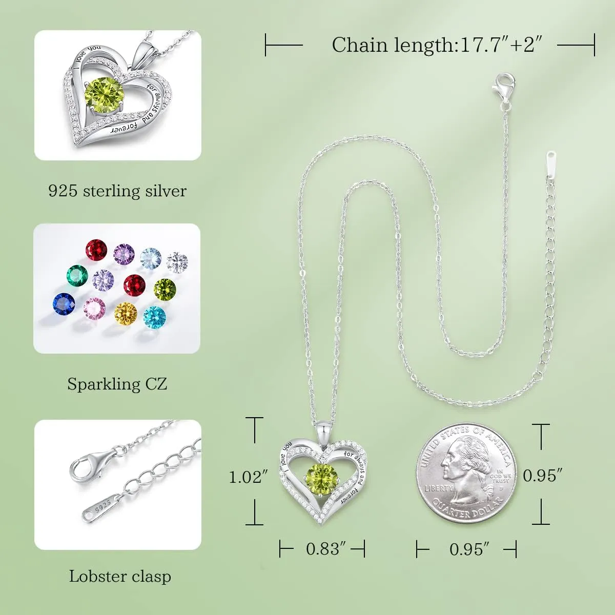CDE Forever Love Heart Necklaces for Women, Wedding Anniversary, Birthday Mothers Day Gifts for Mom, Mother, Wife, Girlfriend, S925 Silver Jewelry with Birthstone Pendant