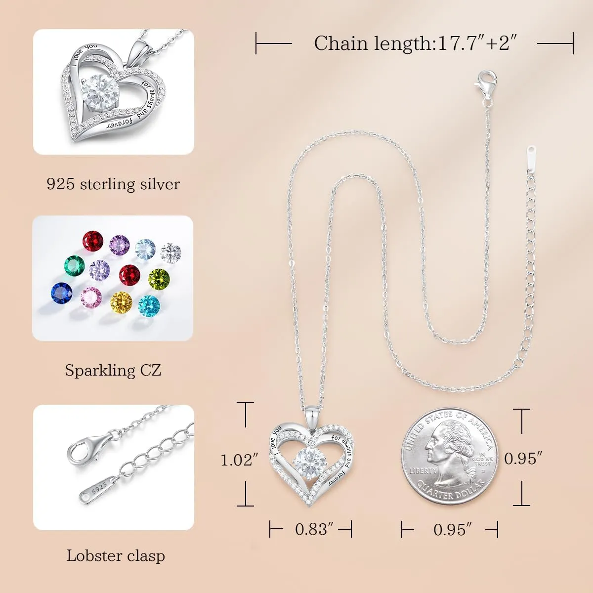 CDE Forever Love Heart Necklaces for Women, Wedding Anniversary, Birthday Mothers Day Gifts for Mom, Mother, Wife, Girlfriend, S925 Silver Jewelry with Birthstone Pendant