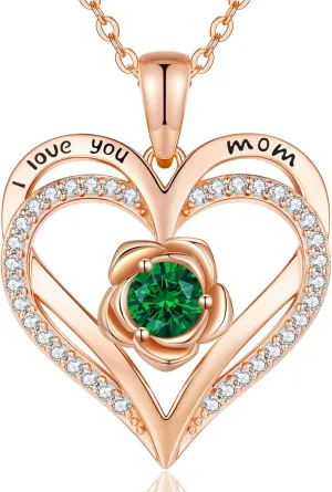 CDE Mothers Day Gifts for Mom, S925 Silver Rose Gold Heart Birthstone Necklaces for WomenIdeal Anniversary or Birthday Jewelry Gifts for Wife Girlfriend Her
