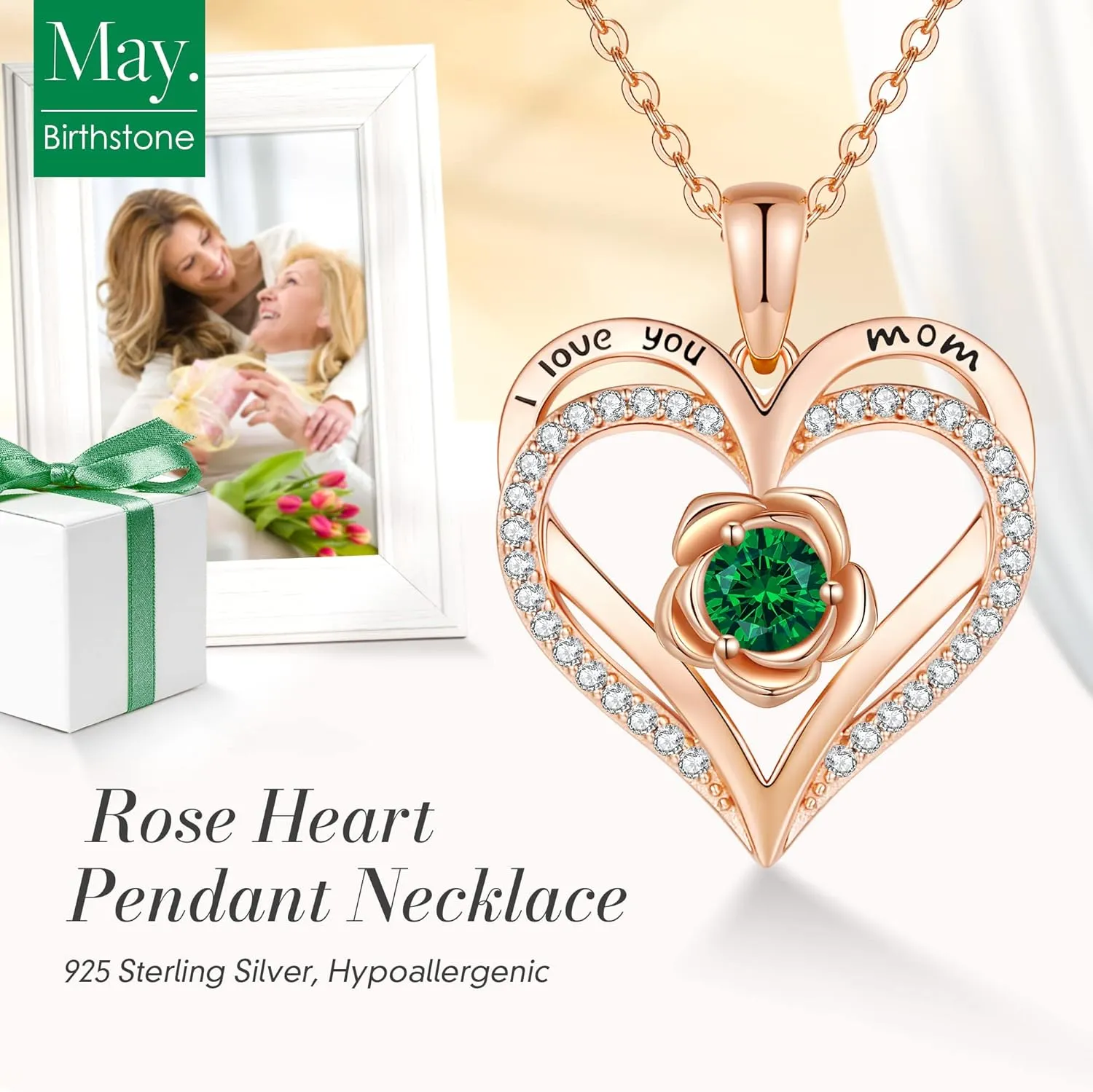CDE Mothers Day Gifts for Mom, S925 Silver Rose Gold Heart Birthstone Necklaces for WomenIdeal Anniversary or Birthday Jewelry Gifts for Wife Girlfriend Her