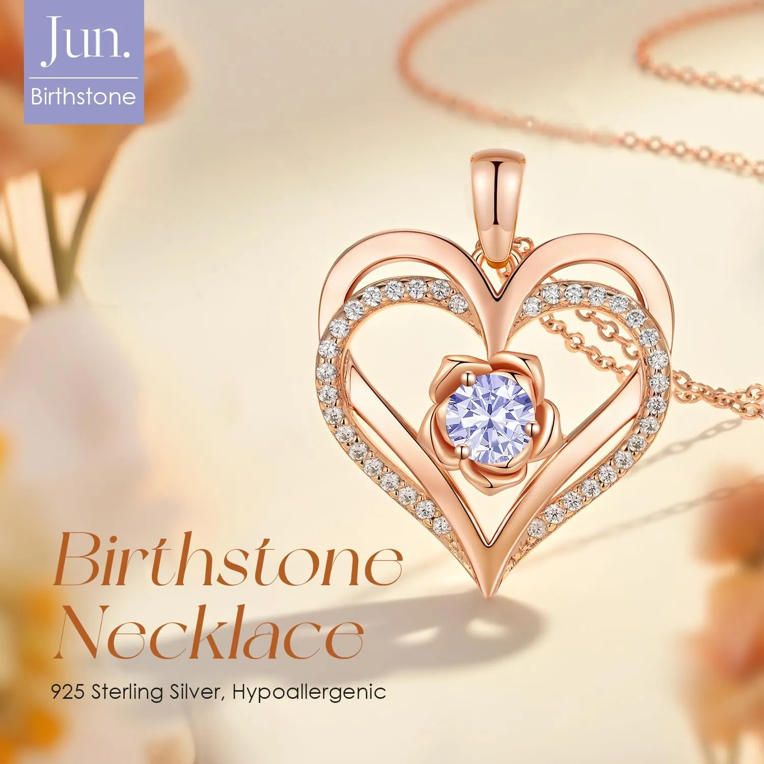 CDE Mothers Day Gifts for Mom, S925 Silver Rose Gold Heart Birthstone Necklaces for WomenIdeal Anniversary or Birthday Jewelry Gifts for Wife Girlfriend Her