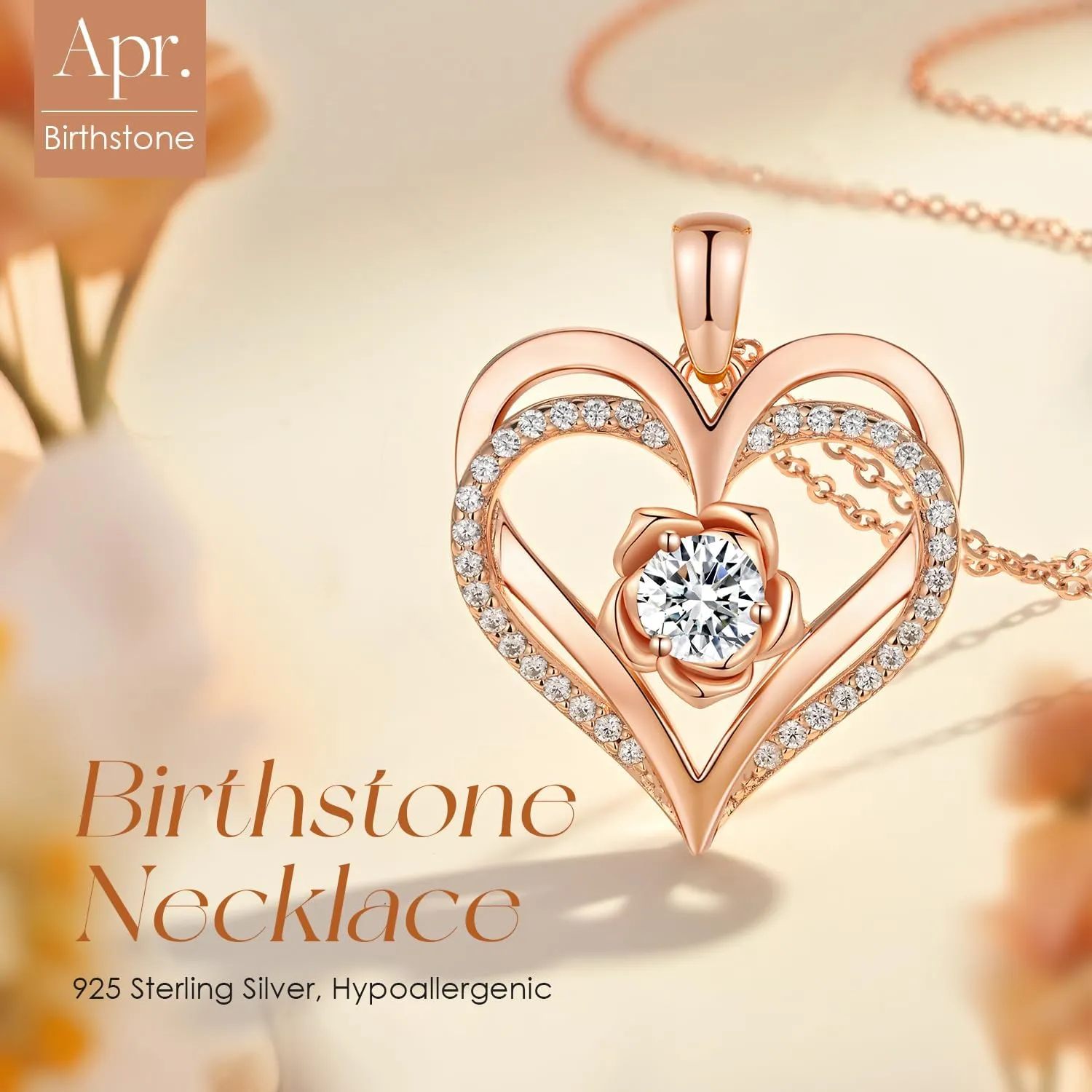 CDE Mothers Day Gifts for Mom, S925 Silver Rose Gold Heart Birthstone Necklaces for WomenIdeal Anniversary or Birthday Jewelry Gifts for Wife Girlfriend Her