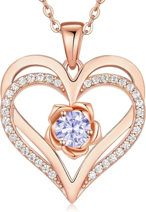 CDE Mothers Day Gifts for Mom, S925 Silver Rose Gold Heart Birthstone Necklaces for WomenIdeal Anniversary or Birthday Jewelry Gifts for Wife Girlfriend Her