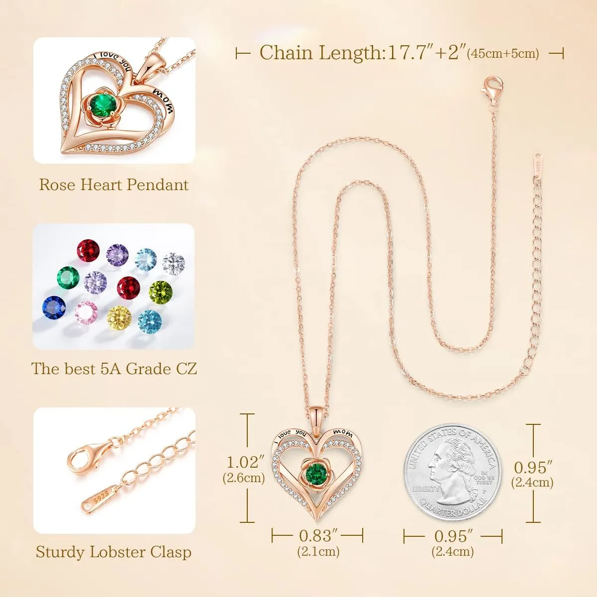 CDE Mothers Day Gifts for Mom, S925 Silver Rose Gold Heart Birthstone Necklaces for WomenIdeal Anniversary or Birthday Jewelry Gifts for Wife Girlfriend Her