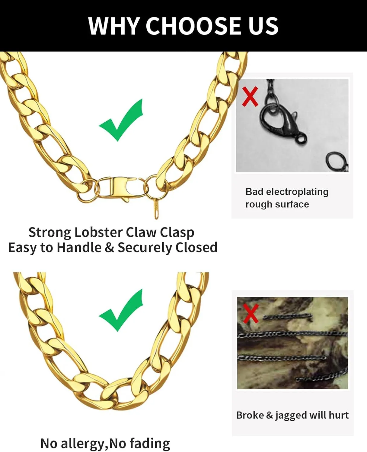 ChainsHouse Stainless Steel Figaro Chains for Men Women, 3mm/4mm/5mm/6mm/7mm/8mm/9mm/13mm Width, 14-30inch Length, Black/14K Gold Mens Necklace Chains, Send Gift Box