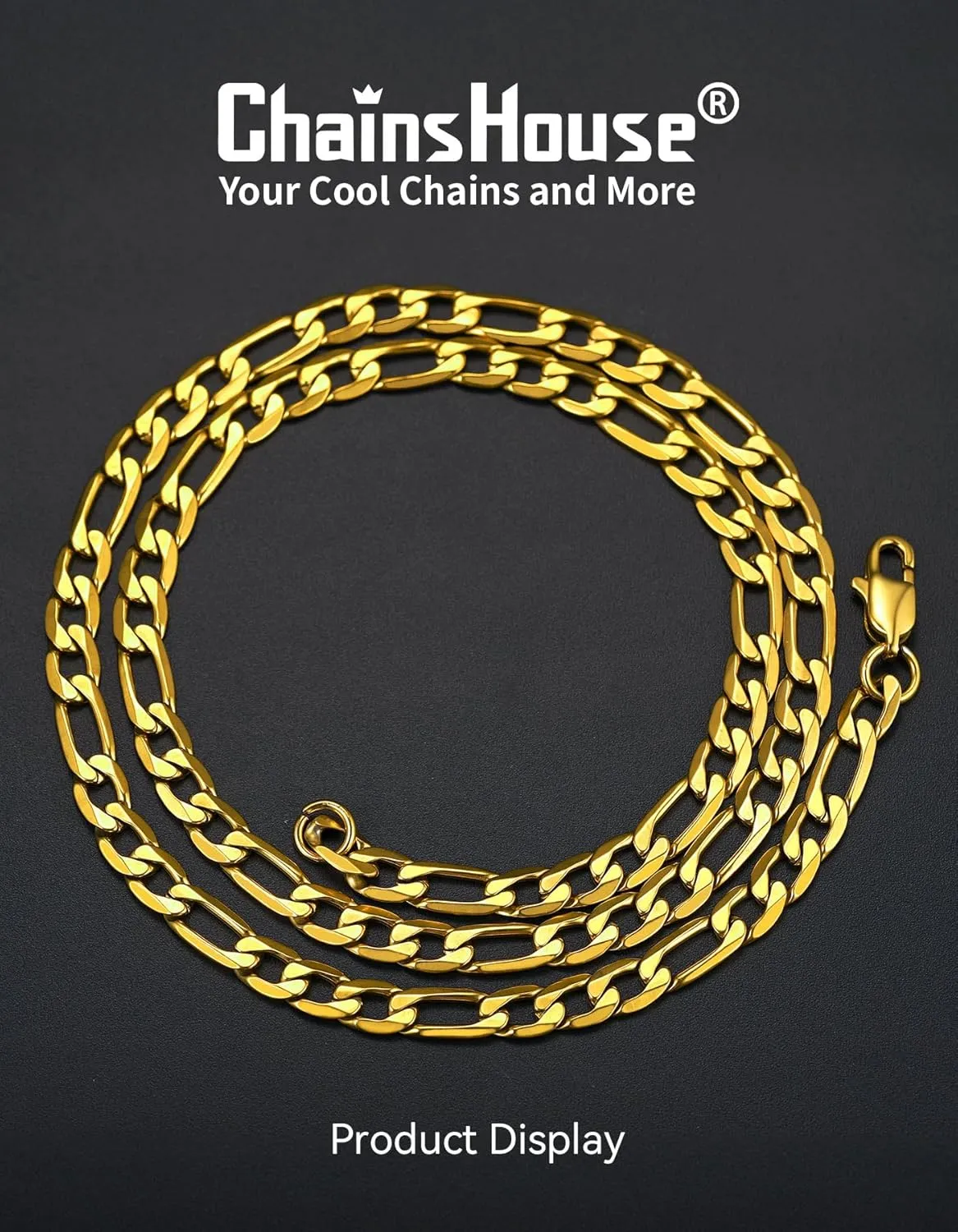 ChainsHouse Stainless Steel Figaro Chains for Men Women, 3mm/4mm/5mm/6mm/7mm/8mm/9mm/13mm Width, 14-30inch Length, Black/14K Gold Mens Necklace Chains, Send Gift Box