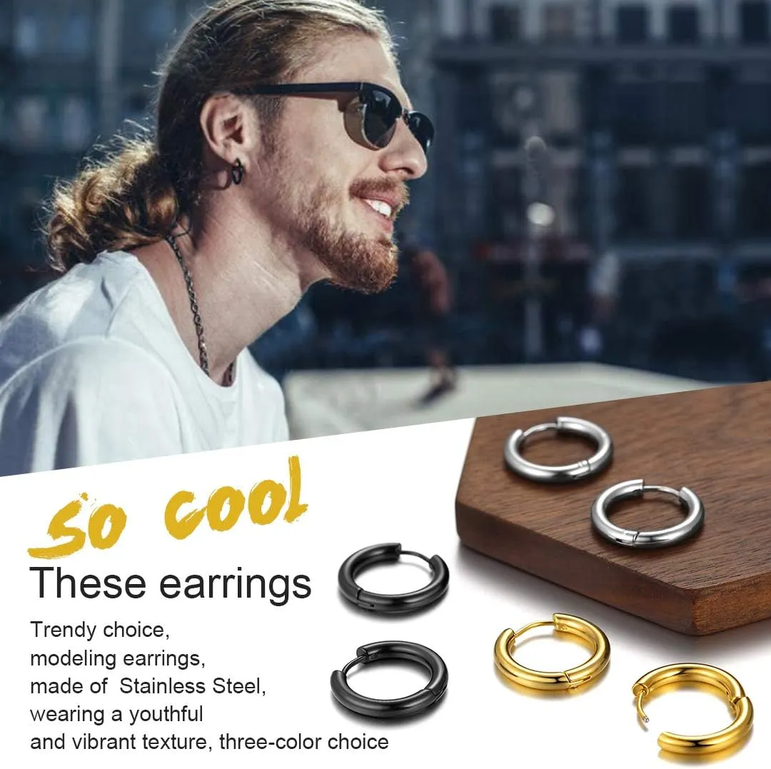 ChainsHouse Stud Earrings for Men Women,316L Stainless Steel/18K Gold/Black Metal, Punk Hypoallergenic Surgical Huggie Hoop Earrings Mens Jewelry Piercing Hoop Earrings