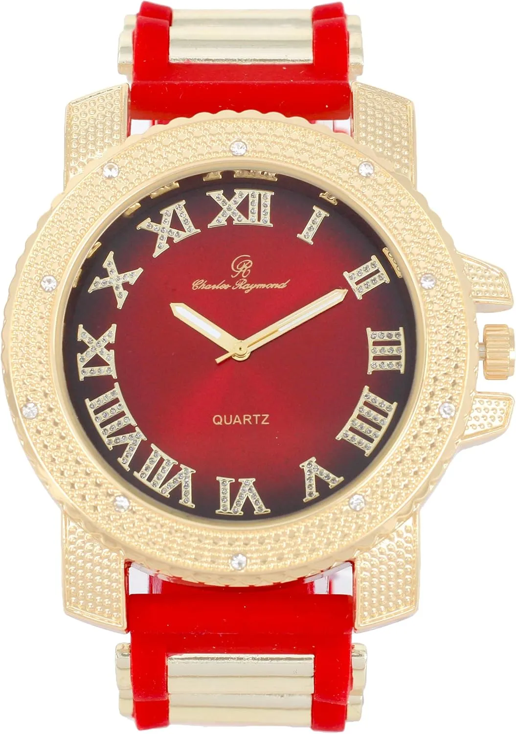 Charles Raymond Iced Oversized Hip Hop Bullet Rubber Band Mens Watch, That Shows Your Lust for Life - GJM (GJM - Red - Gold)