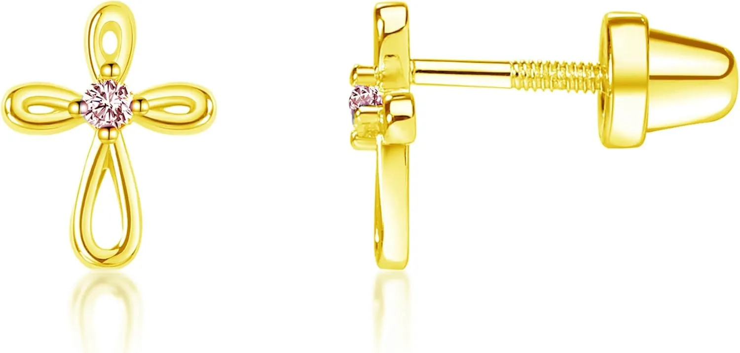 Cherished Moments Girl's 14K Dainty Gold-Plated or Sterling Silver Infinity Cross Earring with CZ and Screw Back