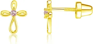 Cherished Moments Girl's 14K Dainty Gold-Plated or Sterling Silver Infinity Cross Earring with CZ and Screw Back