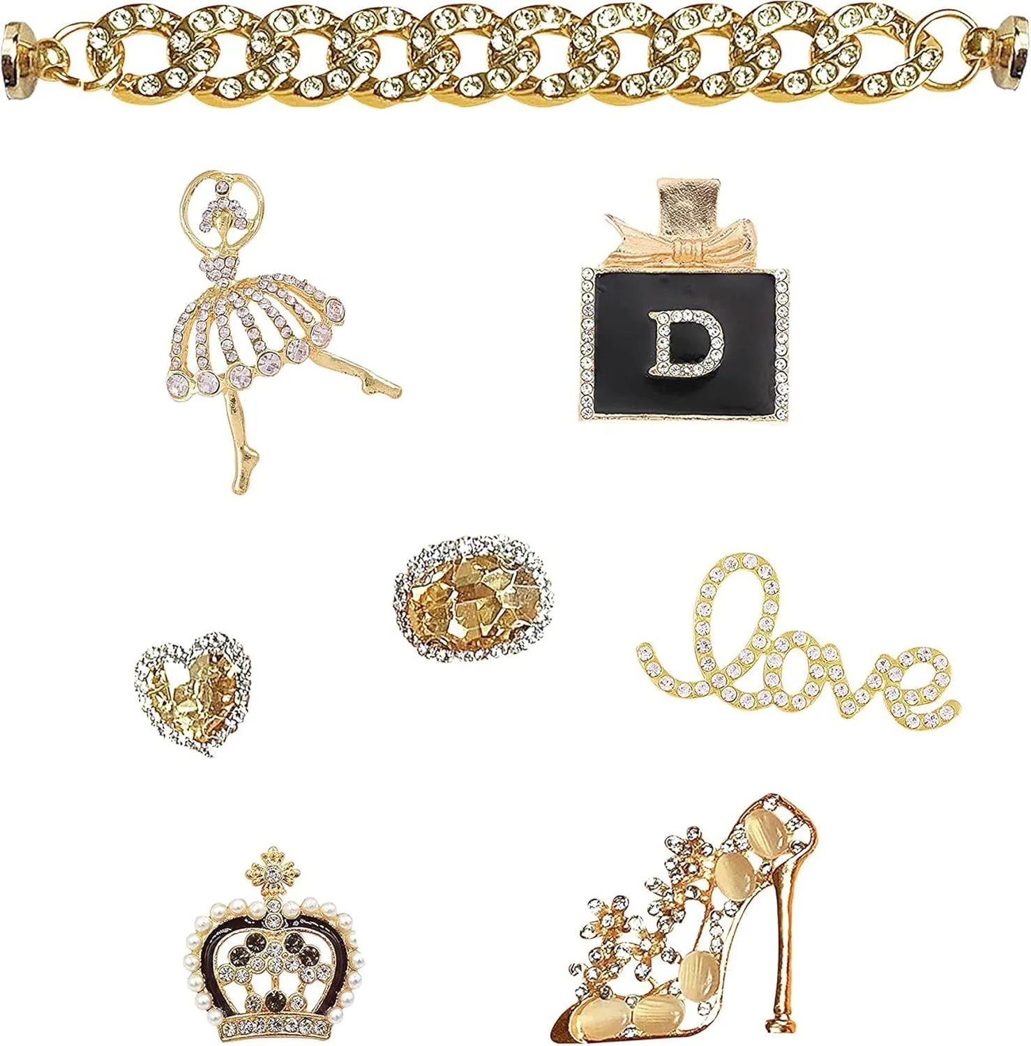 Chic Bling Shoe Charms Gold and Sliver Designer Jewels Pretty Cute Chains Decorations Accessories for Women Girl Adults