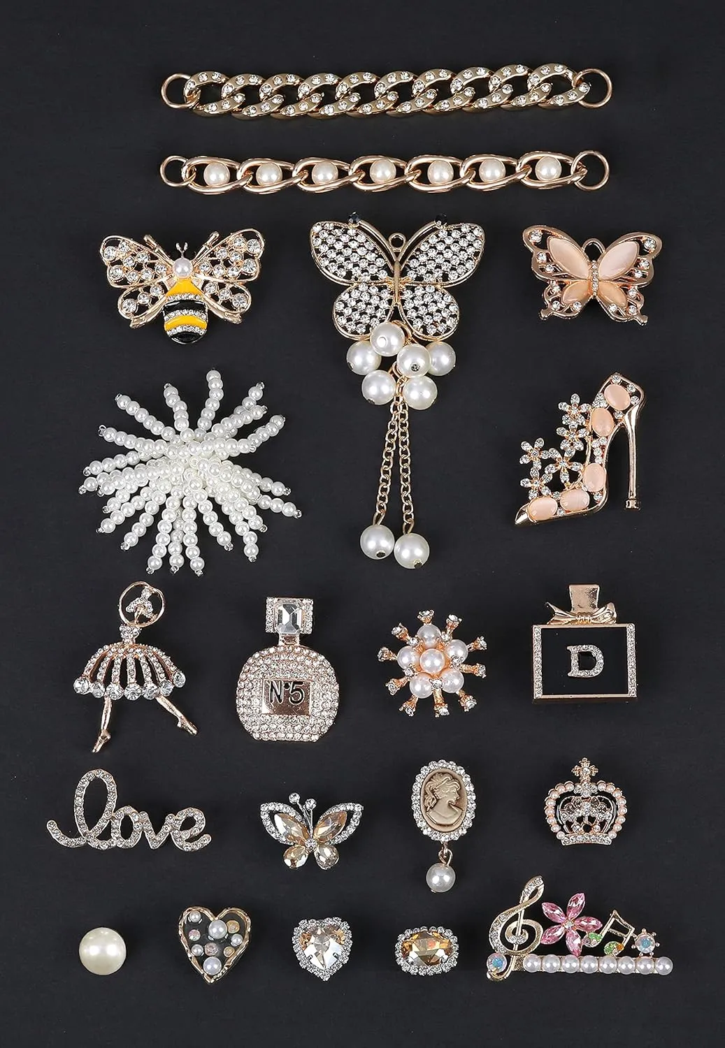 Chic Bling Shoe Charms Gold and Sliver Designer Jewels Pretty Cute Chains Decorations Accessories for Women Girl Adults