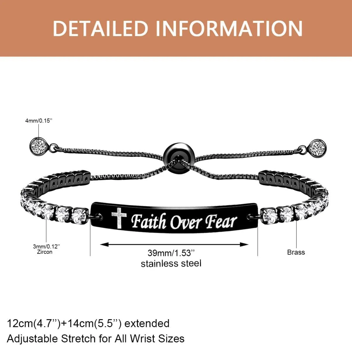 Christian Faith Over Fear Cross Inspirational Bracelet Adjustable Slider Bolo Tennis Chain Bracelets for Women Y4390