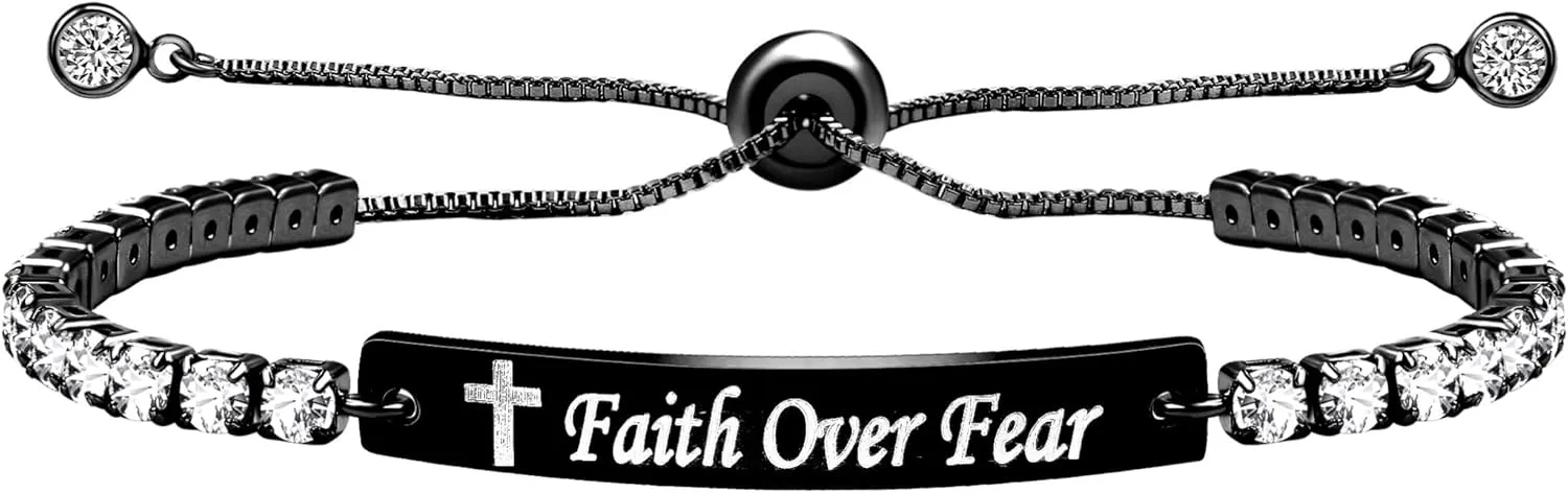 Christian Faith Over Fear Cross Inspirational Bracelet Adjustable Slider Bolo Tennis Chain Bracelets for Women Y4390