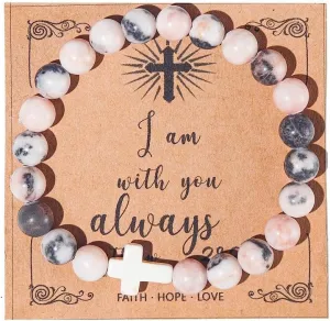 Christian Gifts for Women, Men Cross Beads Stretch Bracelet Catholic Religious Jewelry Gifts Natural Stone Pink Zebra Bracelet for Godmother, Mothers Day Gifts,Birthday Gifts,Easter Jewelry Gifts,Inspirational Gifts