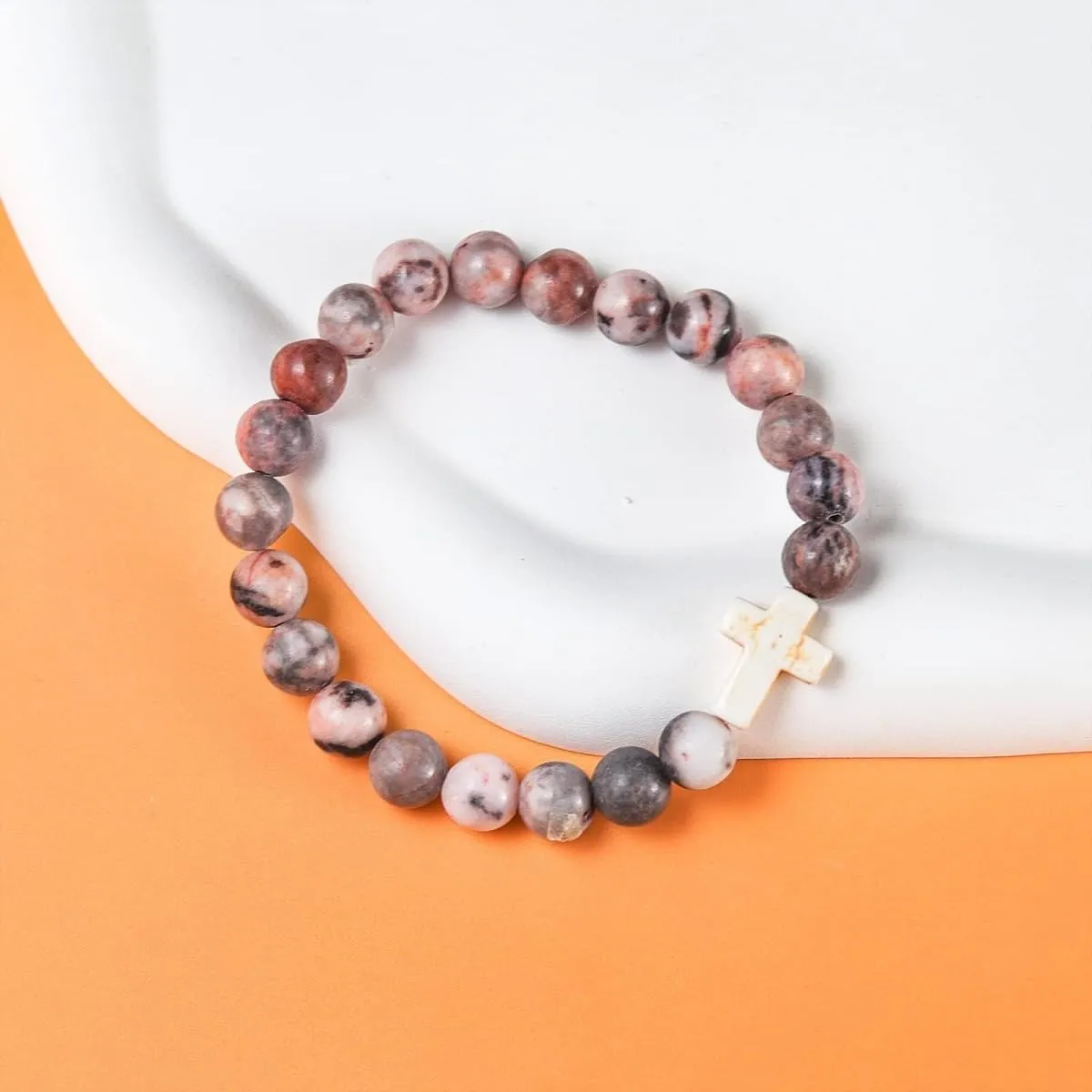 Christian Gifts for Women, Men Cross Beads Stretch Bracelet Catholic Religious Jewelry Gifts Natural Stone Pink Zebra Bracelet for Godmother, Mothers Day Gifts,Birthday Gifts,Easter Jewelry Gifts,Inspirational Gifts
