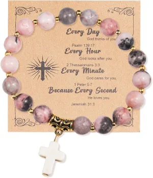 Christian Gifts for Women, Men Cross Beads Stretch Bracelet Catholic Religious Jewelry Gifts Natural Stone Pink Zebra Bracelet for Godmother, Mothers Day Gifts,Birthday Gifts,Easter Jewelry Gifts,Inspirational Gifts