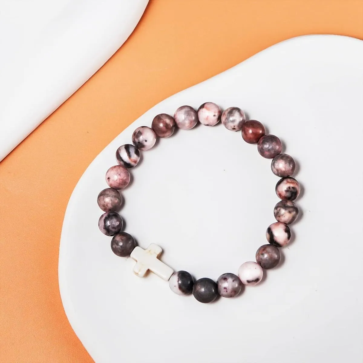Christian Gifts for Women, Men Cross Beads Stretch Bracelet Catholic Religious Jewelry Gifts Natural Stone Pink Zebra Bracelet for Godmother, Mothers Day Gifts,Birthday Gifts,Easter Jewelry Gifts,Inspirational Gifts