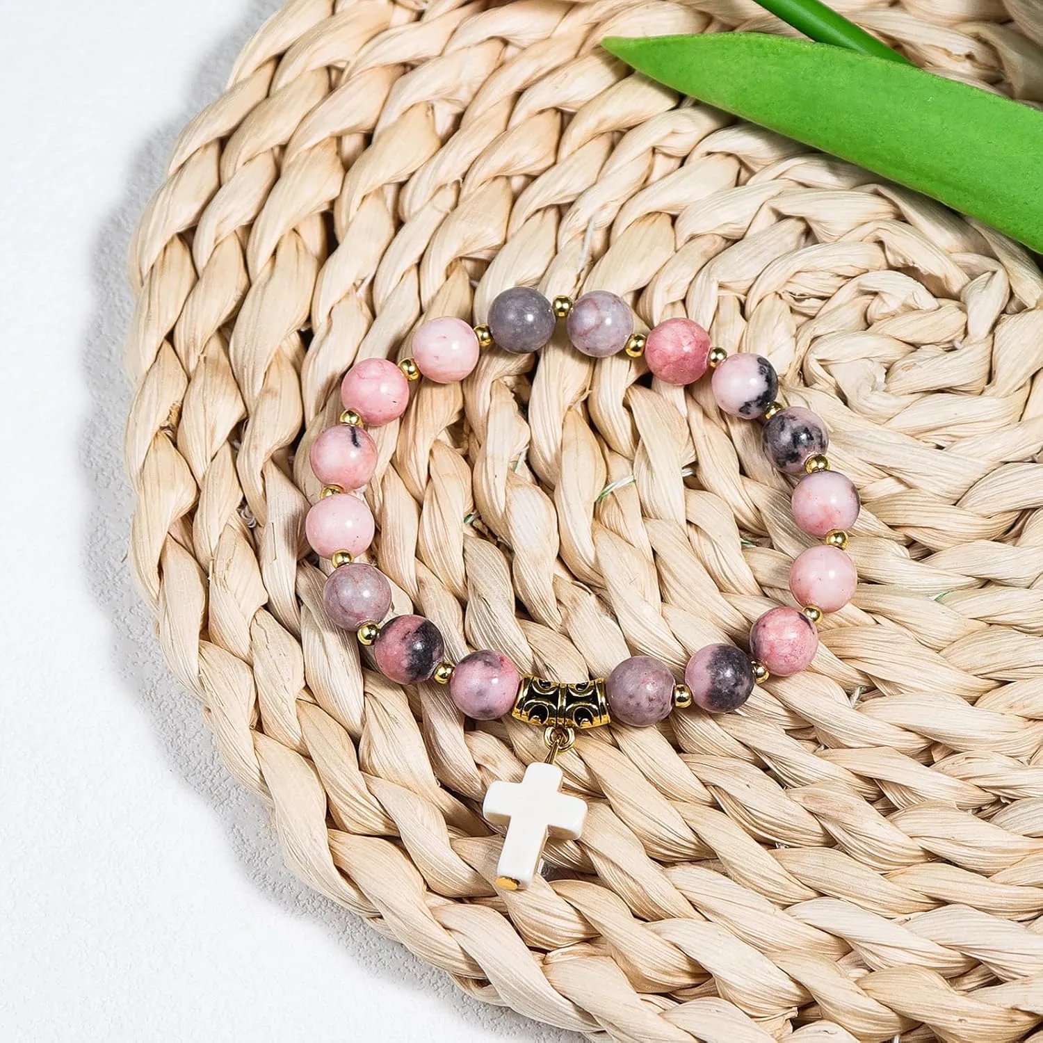 Christian Gifts for Women, Men Cross Beads Stretch Bracelet Catholic Religious Jewelry Gifts Natural Stone Pink Zebra Bracelet for Godmother, Mothers Day Gifts,Birthday Gifts,Easter Jewelry Gifts,Inspirational Gifts