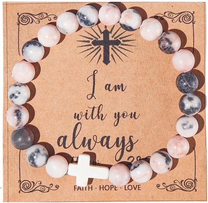 Christian Gifts for Women, Men Cross Beads Stretch Bracelet Catholic Religious Jewelry Gifts Natural Stone Pink Zebra Bracelet for Godmother, Mothers Day Gifts,Birthday Gifts,Easter Jewelry Gifts,Inspirational Gifts