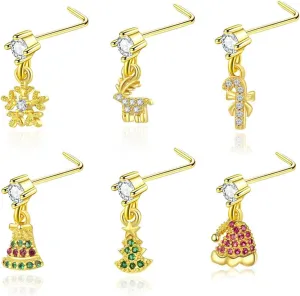 Christmas Nose Rings Pack Christmas Tree Snowflake Deer Nose Screws L-Shaped Gold Filled Nose Studs Xmas Nostril Piercing Jewelry for Women Men