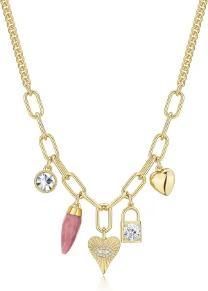 Chunky Charm Necklace, 14k Real Gold Plated Paperclip Chain Handmade Drop Heart Jewelry for Women