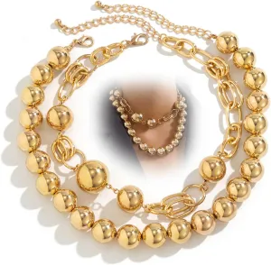Chunky Gold Big Balls Chain Collar Necklace for Women Vintage White Pearl Layered Exaggerated Necklaces Vintage Thick Round Balls Beaded Large Jewelry