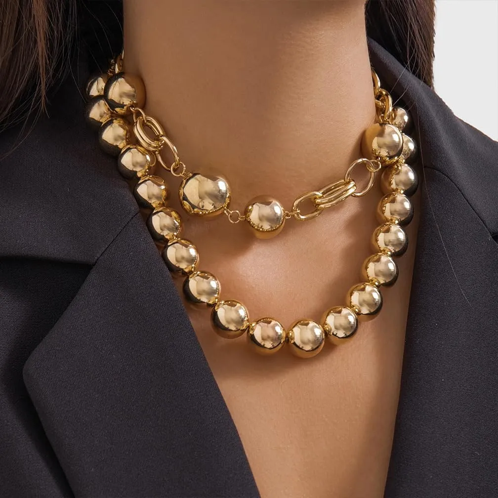 Chunky Gold Big Balls Chain Collar Necklace for Women Vintage White Pearl Layered Exaggerated Necklaces Vintage Thick Round Balls Beaded Large Jewelry