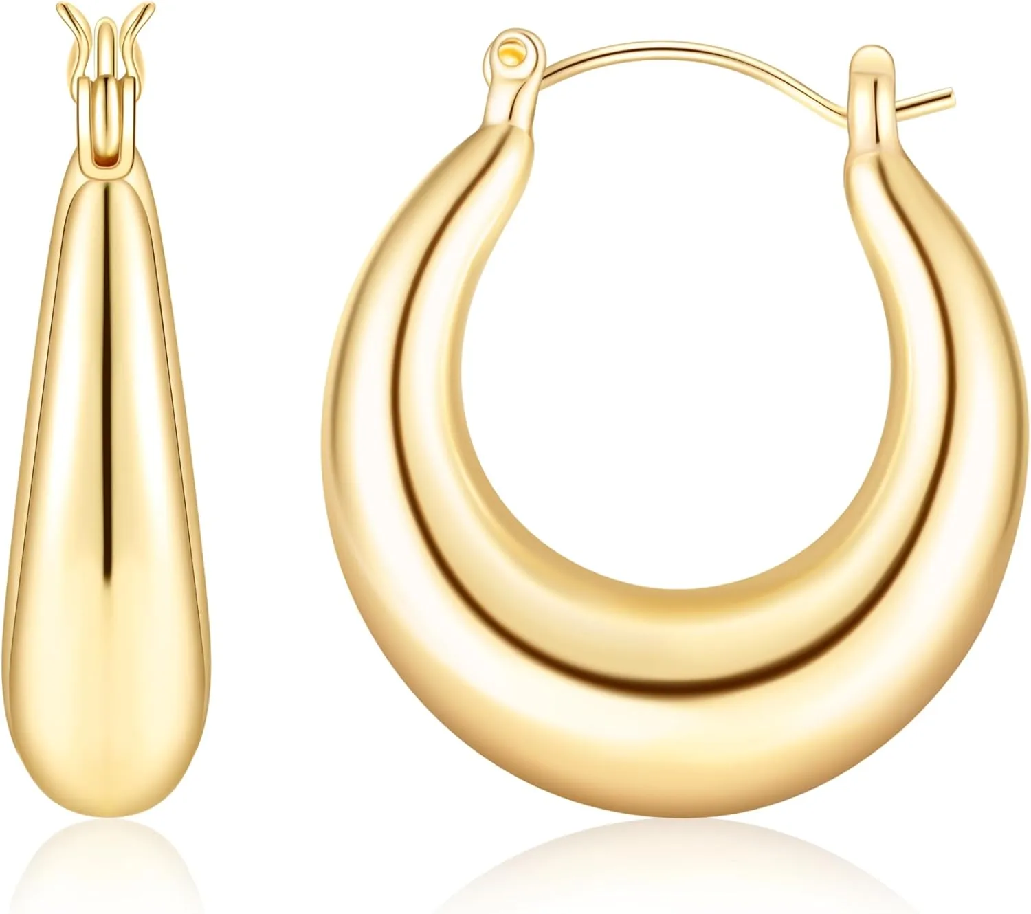 Chunky Gold Hoop Earrings for Women, 14K Gold Plated Thick Hoops Earrings, 25mm Trendy Oval Gold Hoops with 925 Sterling Silver Post