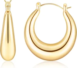 Chunky Gold Hoop Earrings for Women, 14K Gold Plated Thick Hoops Earrings, 25mm Trendy Oval Gold Hoops with 925 Sterling Silver Post