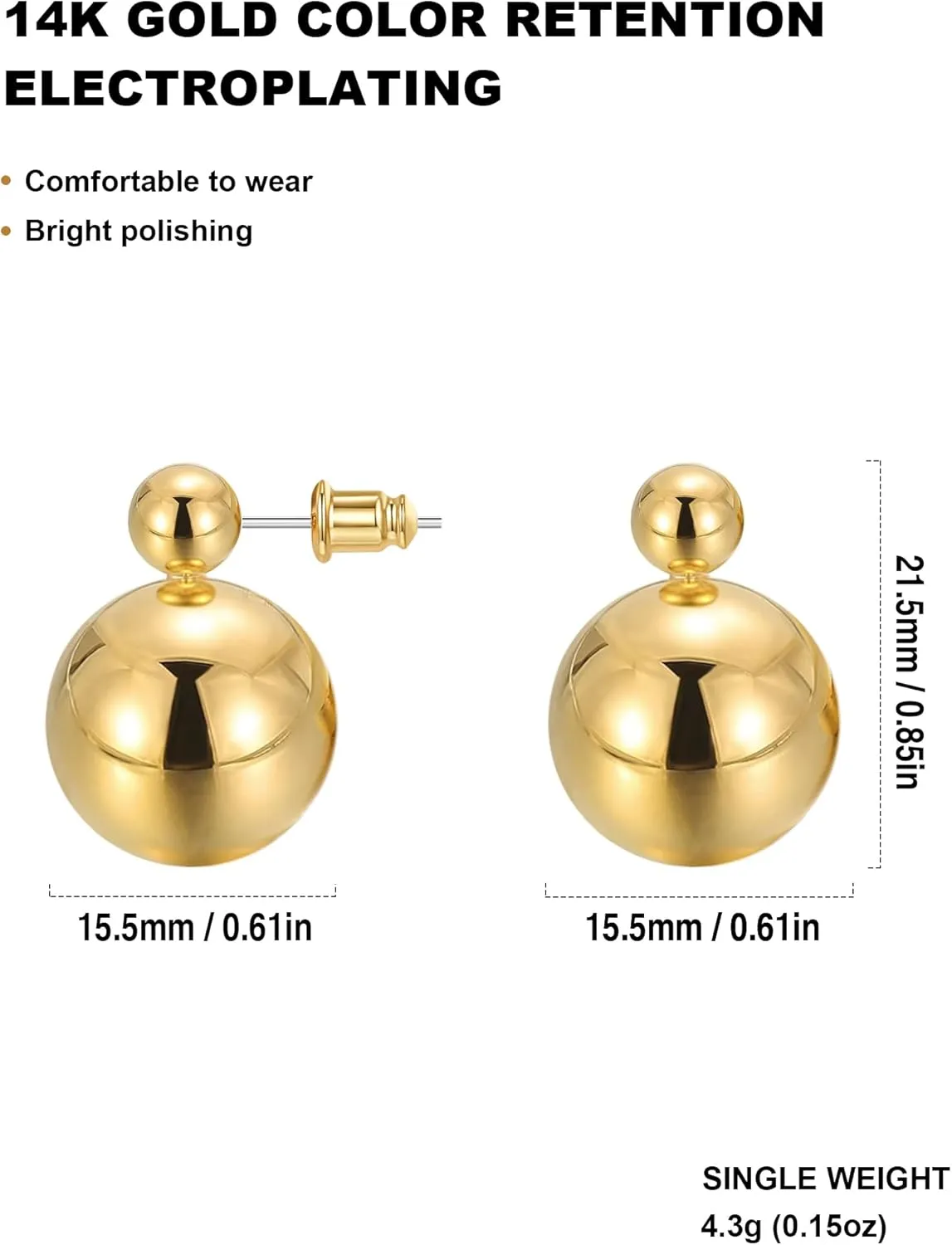 Chunky Gold Stud Earrings for Women 14K Gold Plated 925 Sterling Silver Brushed Half Ball Stud Earrings