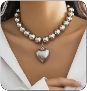 Chunky Puffy Heart Choker Necklace for Women,Gold Big Heart Pendant Necklace Pearl Chain Heart Necklaces Y2k Necklace Trendy Jewelry Accessories Gifts