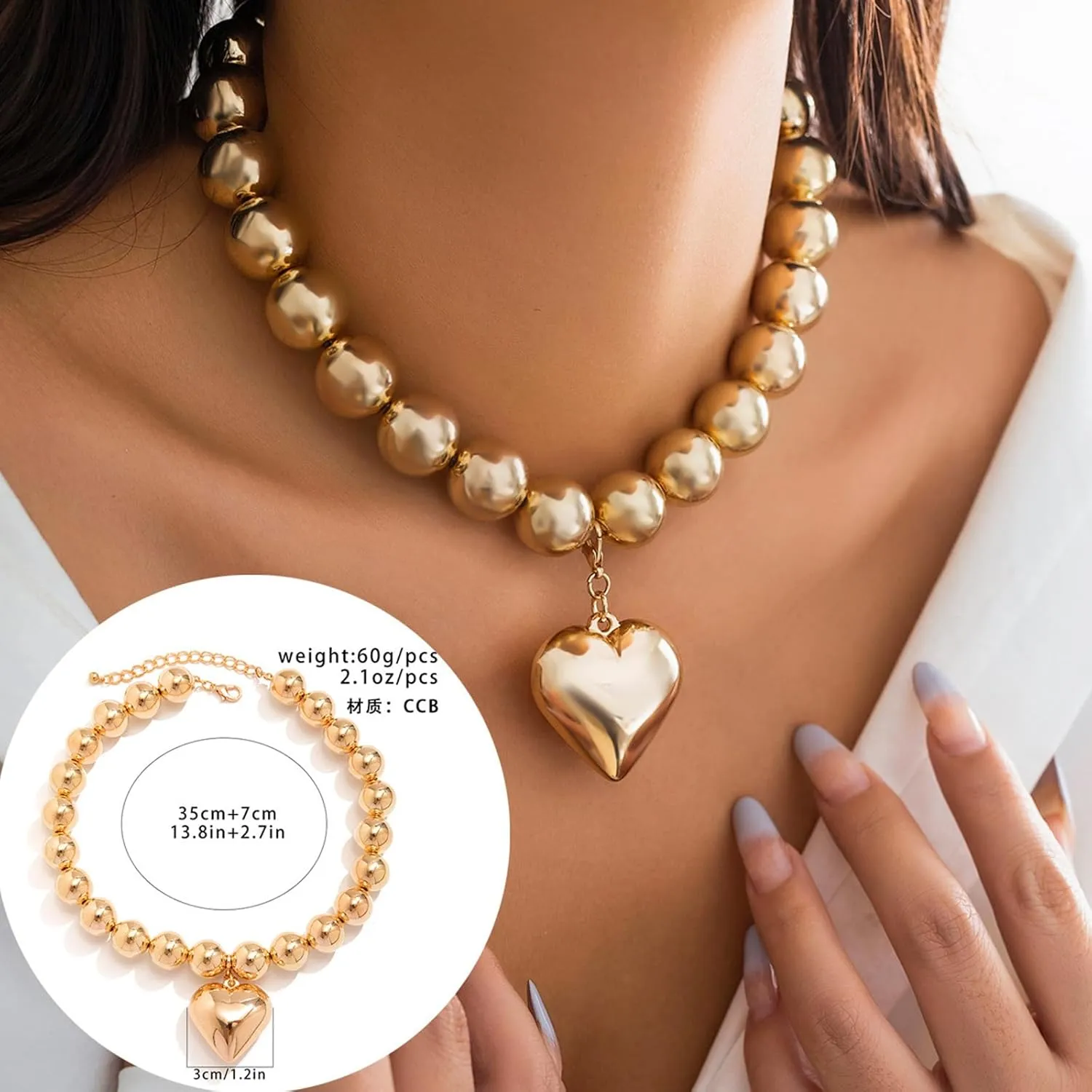 Chunky Puffy Heart Choker Necklace for Women,Gold Big Heart Pendant Necklace Pearl Chain Heart Necklaces Y2k Necklace Trendy Jewelry Accessories Gifts