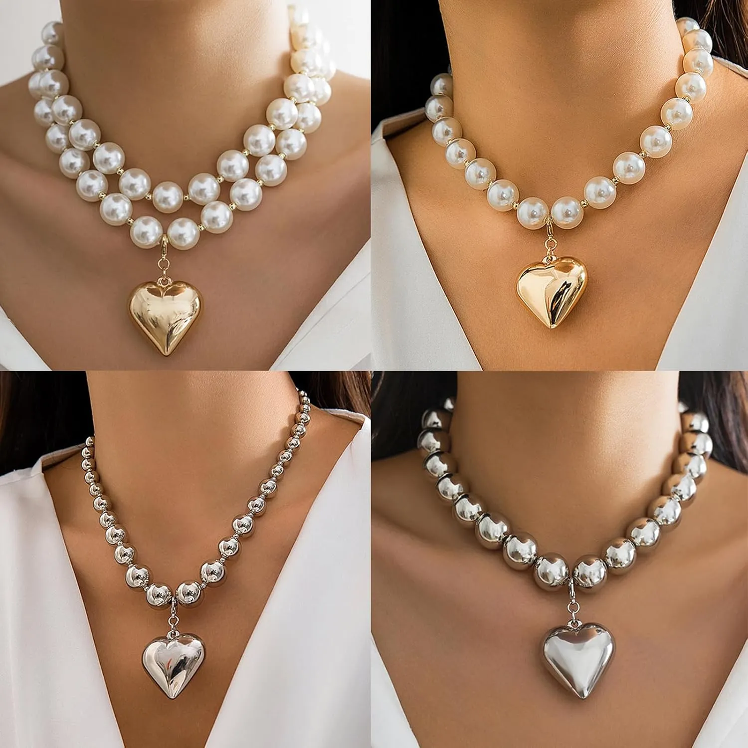Chunky Puffy Heart Choker Necklace for Women,Gold Big Heart Pendant Necklace Pearl Chain Heart Necklaces Y2k Necklace Trendy Jewelry Accessories Gifts