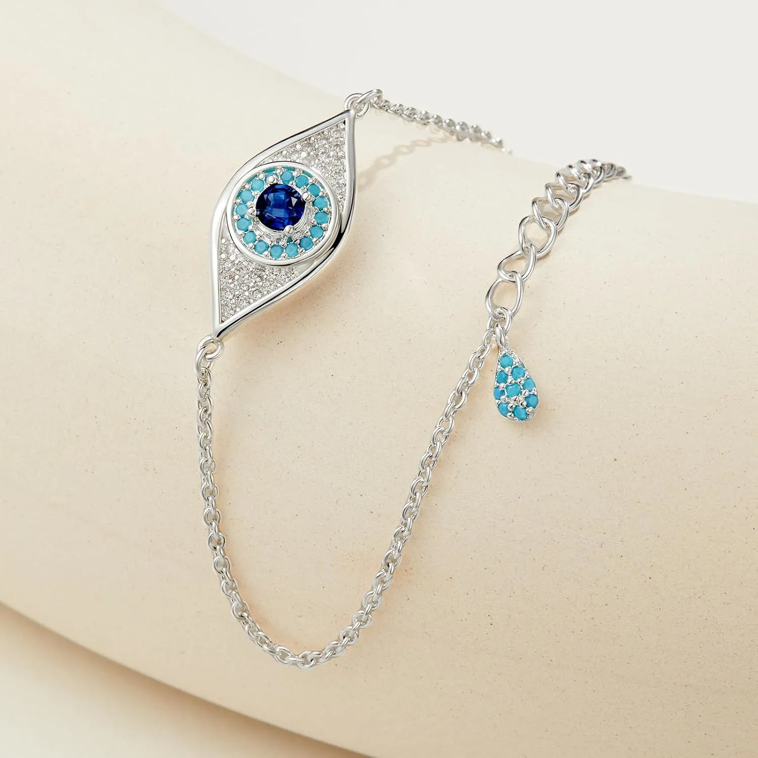 Cicy Bell Evil Eye Bracelet 18k Gold Plated Turquoise Zirconia Link Bracelets Trendy Jewelry Gift for Women Adjustable 5.9" with 1.9'' Extender