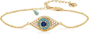 Cicy Bell Evil Eye Bracelet 18k Gold Plated Turquoise Zirconia Link Bracelets Trendy Jewelry Gift for Women Adjustable 5.9" with 1.9'' Extender